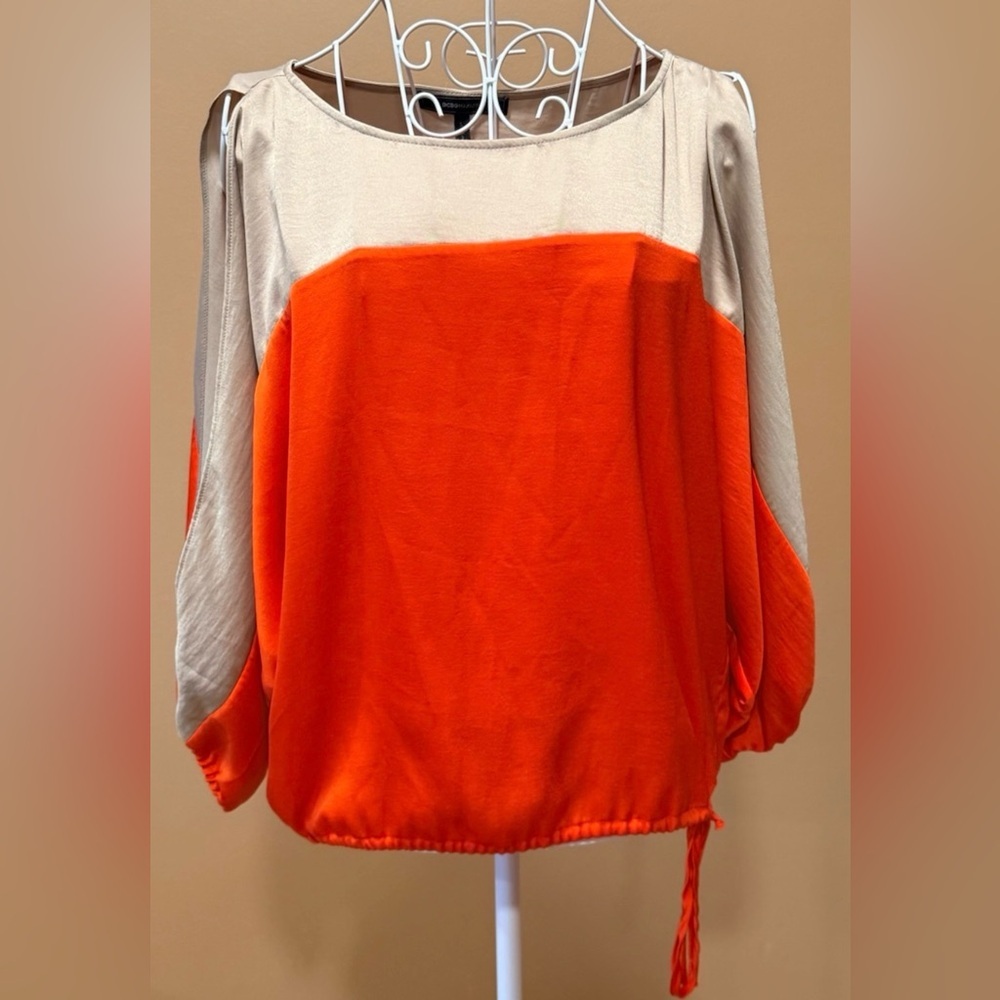 BCBG Max Azria Orange Taupe Colorblock Satin Dolman Sleeve Gathered Waist Top S